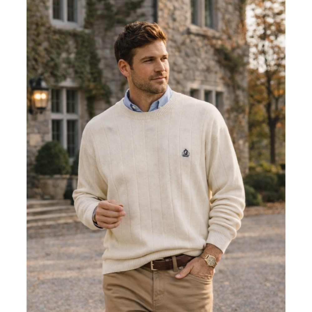 NWT Vintage 90s IZOD Mens Old Money Classic Crewneck Sweater Sz L Cream Timeless